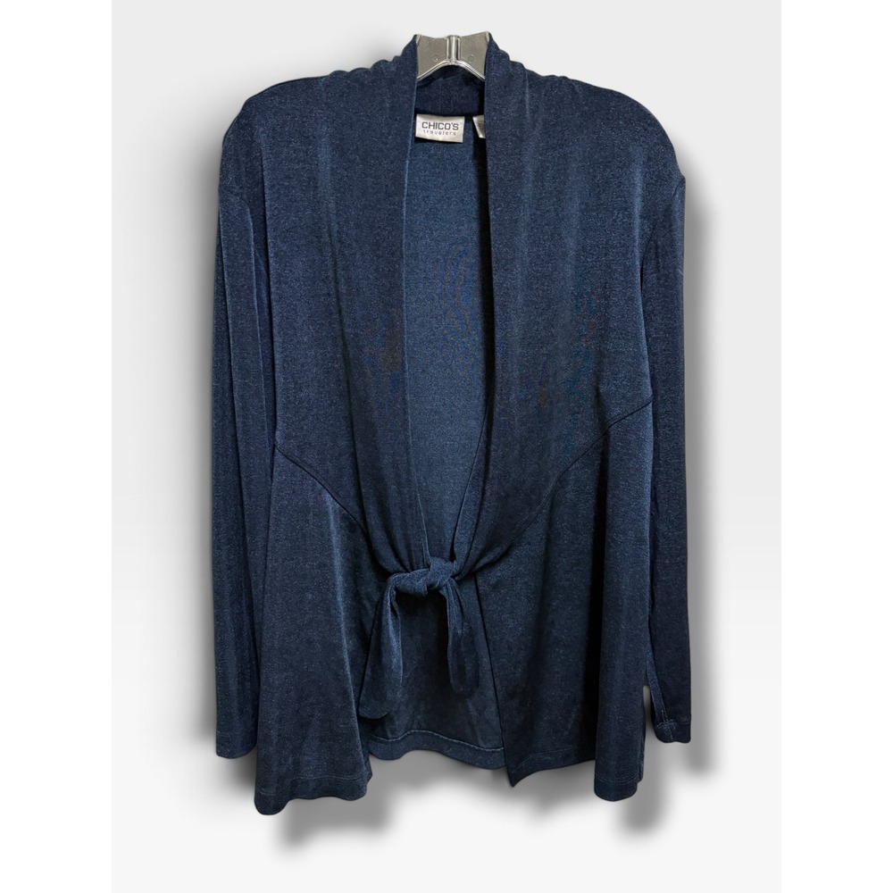 Chicos Travelers Navy Slinky Tie Front Cardigan Size 3 XL 16 18 Business